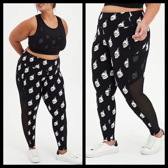2X 18W 20W Torrid Wicking Active Legging  Black Flames Skull Punk Mesh Panel - Picture 1 of 11